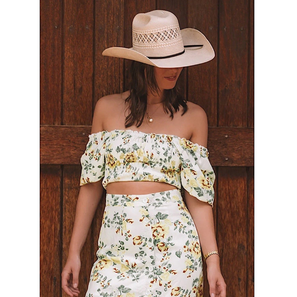 Ringers Western Women’s Rosabel Shirred Top - White Yellow Roses