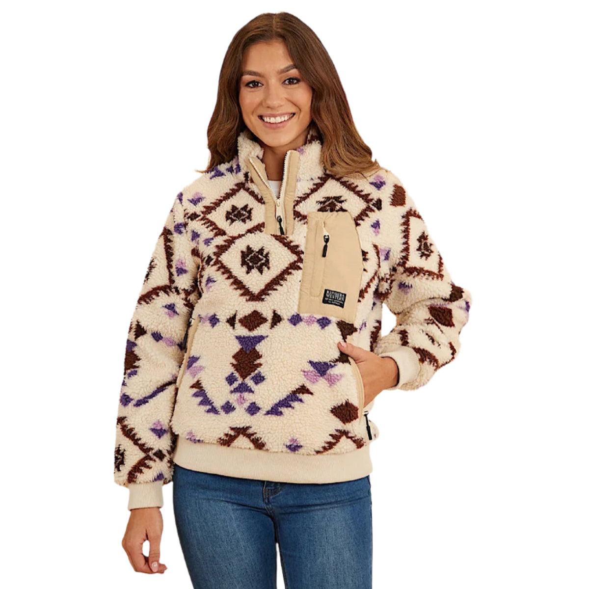 Ringers Western Women’s Rosanna 1/4 Zip Crew- Off White Aztec