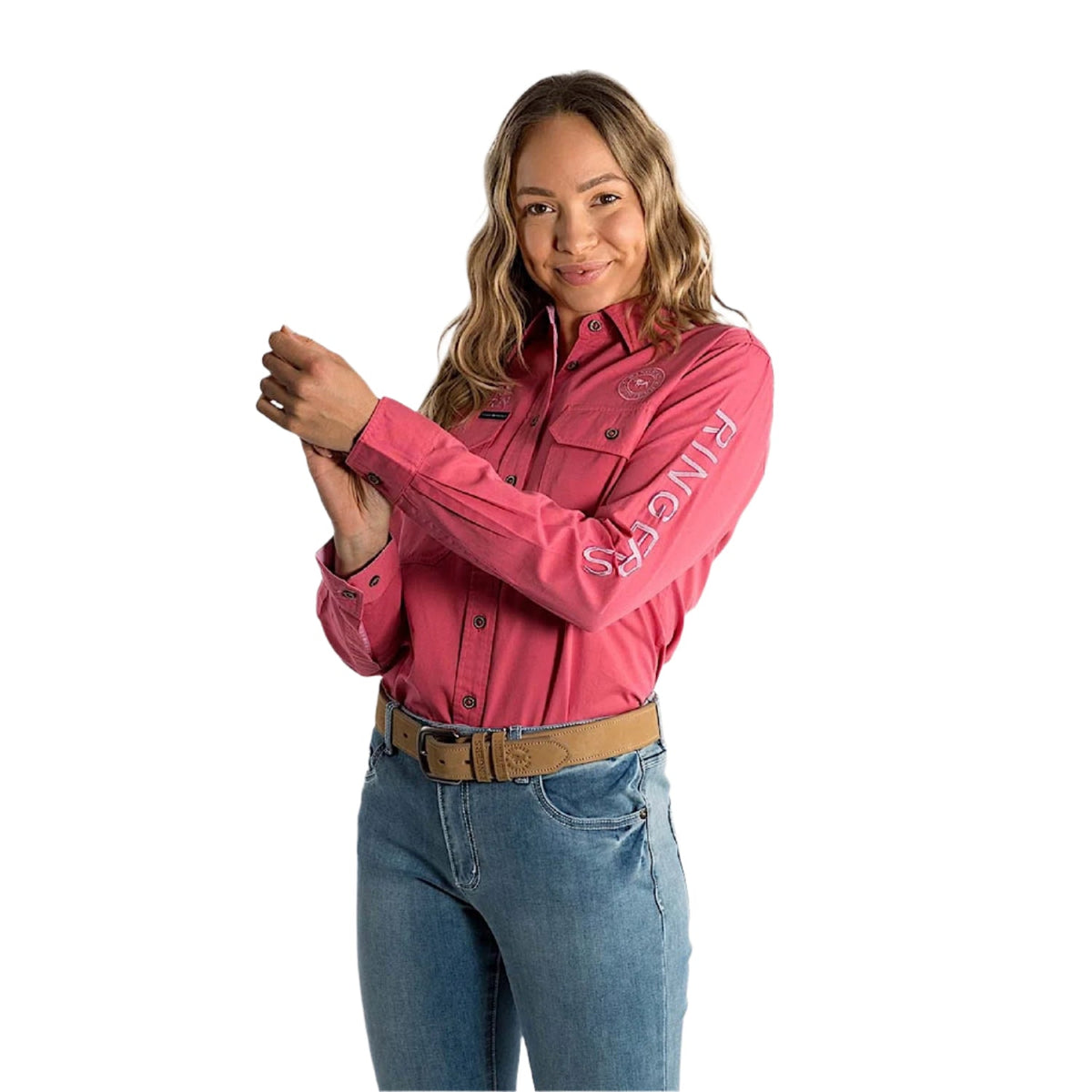 Ringers Western Women’s Signature Jillaroo Full Button Work Shirt - Camelia Rose/Ballet Pink Embroidery
