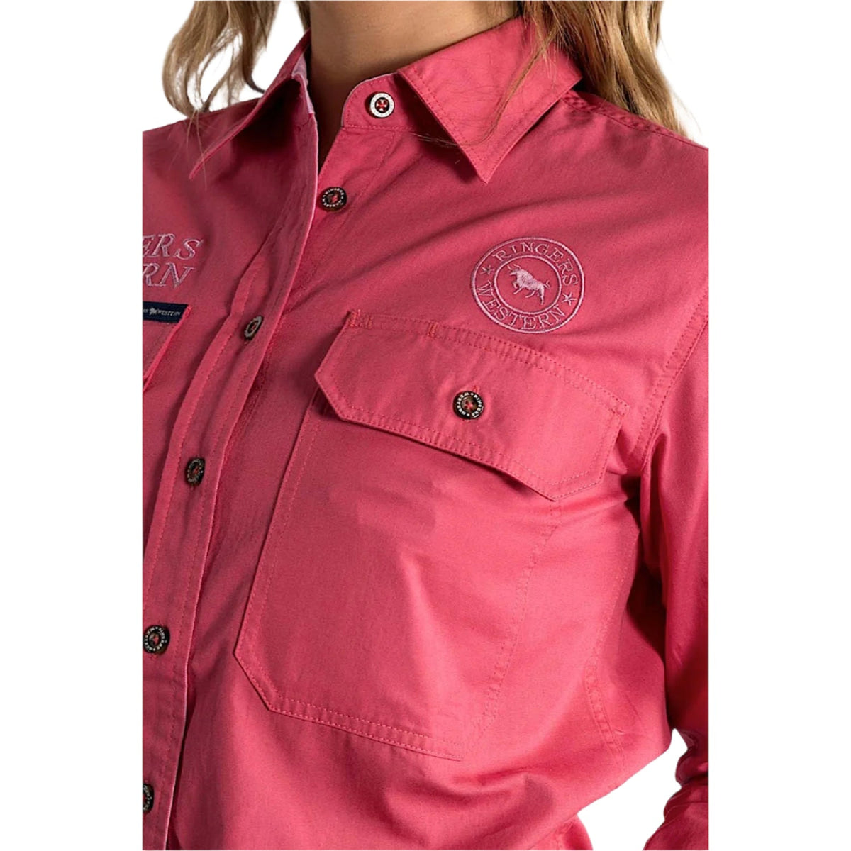 Ringers Western Women’s Signature Jillaroo Full Button Work Shirt - Camelia Rose/Ballet Pink Embroidery
