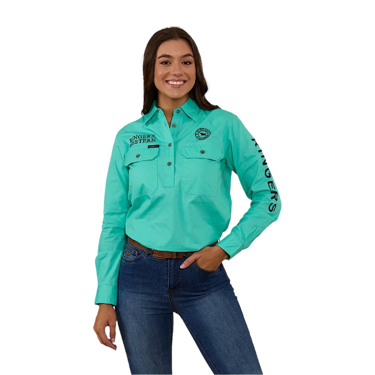 Ringers Western Women’s Signature Jillaroo Half Button Work Shirt - Mint/Navy