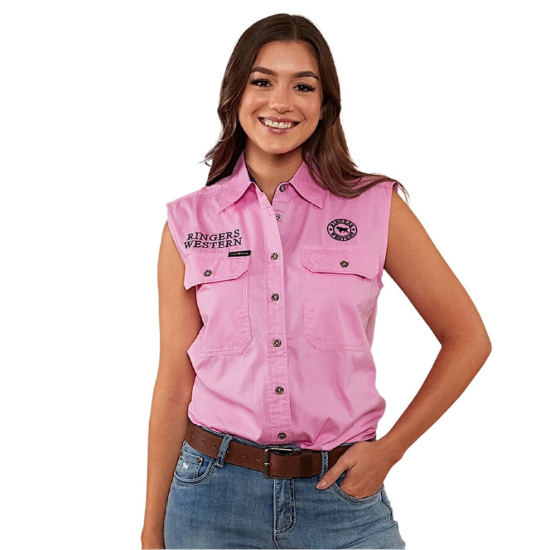 Ringers Western Women’s Signature Jillaroo Sleeveless Work Shirt - Pastel Pink/Navy