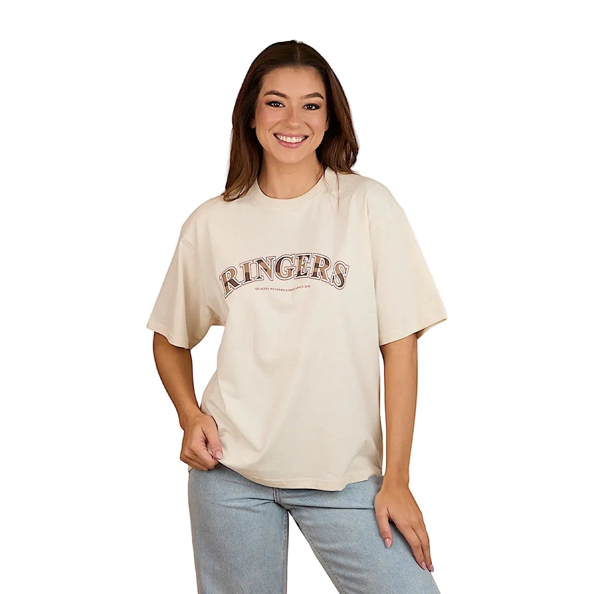 Ringers Western Women’s Varsity Oversized T-Shirt - Off White/Cow Print