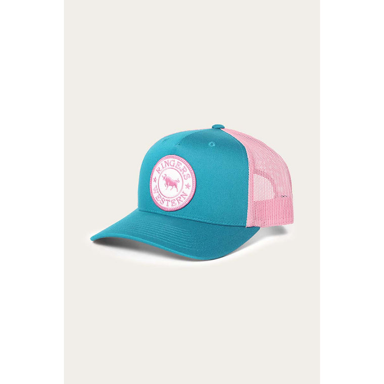 Ringers Western KIDS Signature Bull Trucker Cap - Teal & Pink With Pink & White Patch