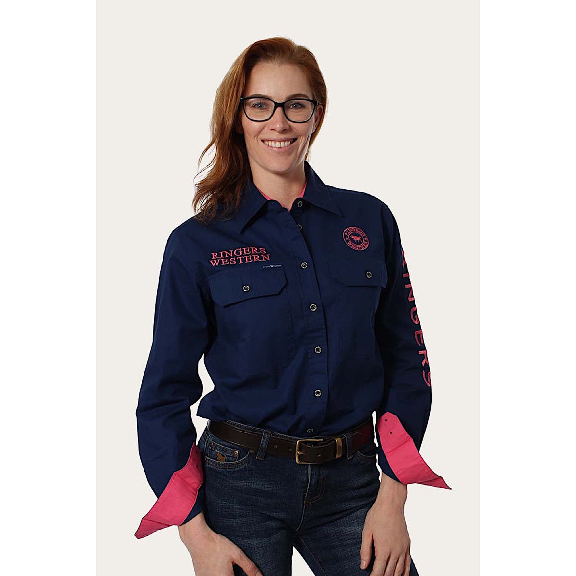 Ringers Western Signature Jillaroo Women's Full Button Work Shirt - Navy/Melon