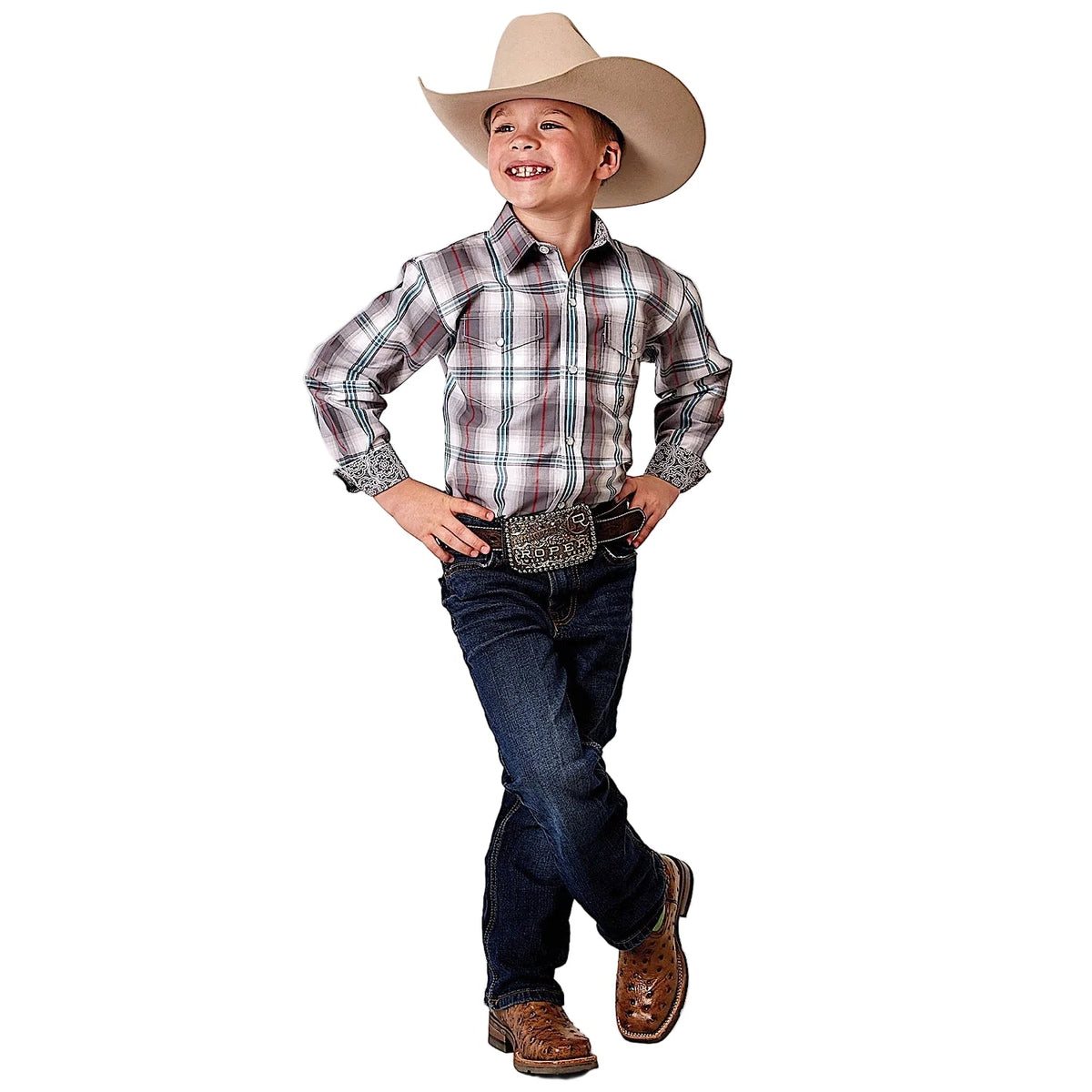 Roper Boy’s Amarillo Collection Red River Western Shirt - Gray Cloud Plaid