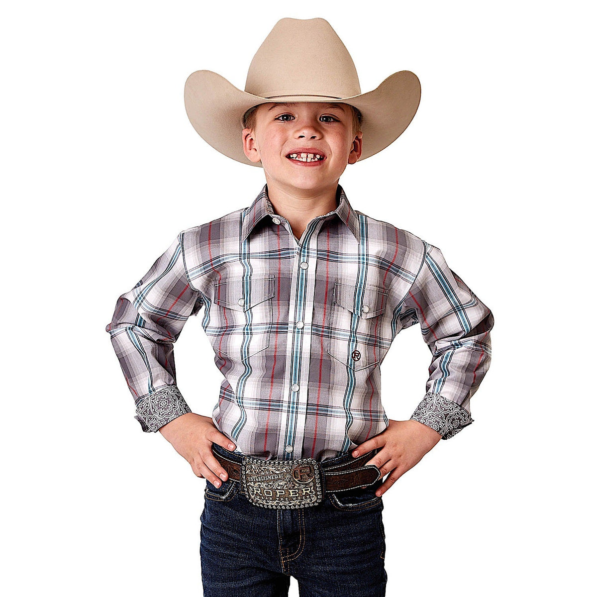 Roper Boy’s Amarillo Collection Red River Western Shirt - Gray Cloud Plaid