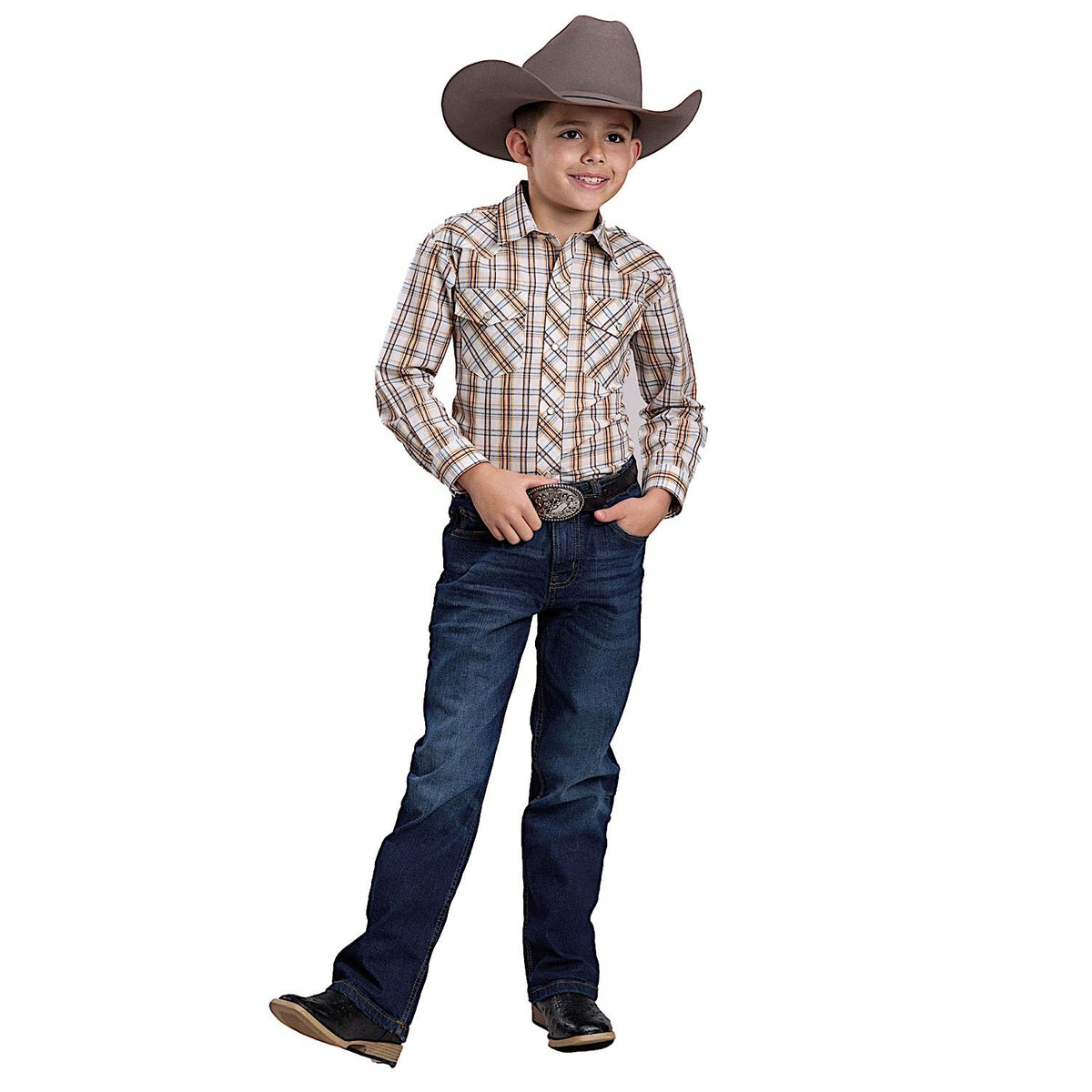 Roper Boy’s Karman Classic Collection Shirt - Plaid Cream / Orange