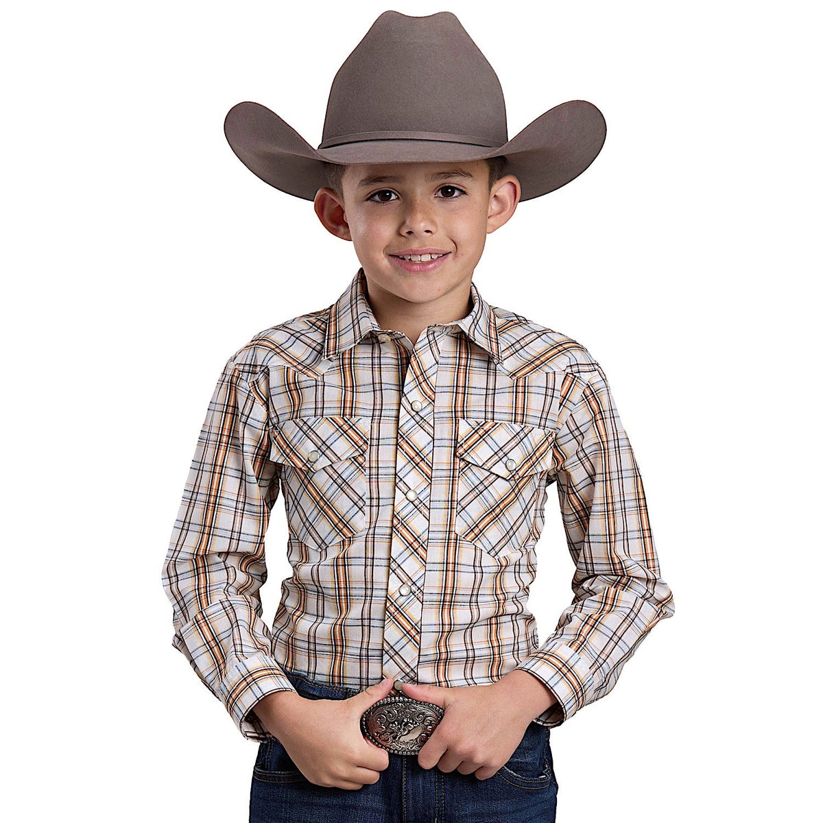 Roper Boy’s Karman Classic Collection Shirt - Plaid Cream / Orange
