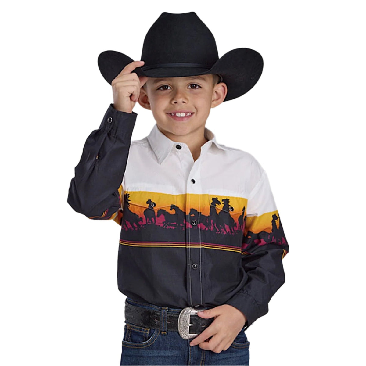 Roper Boy’s Vintage Collection Shirt - Sunset Horses Print on Black