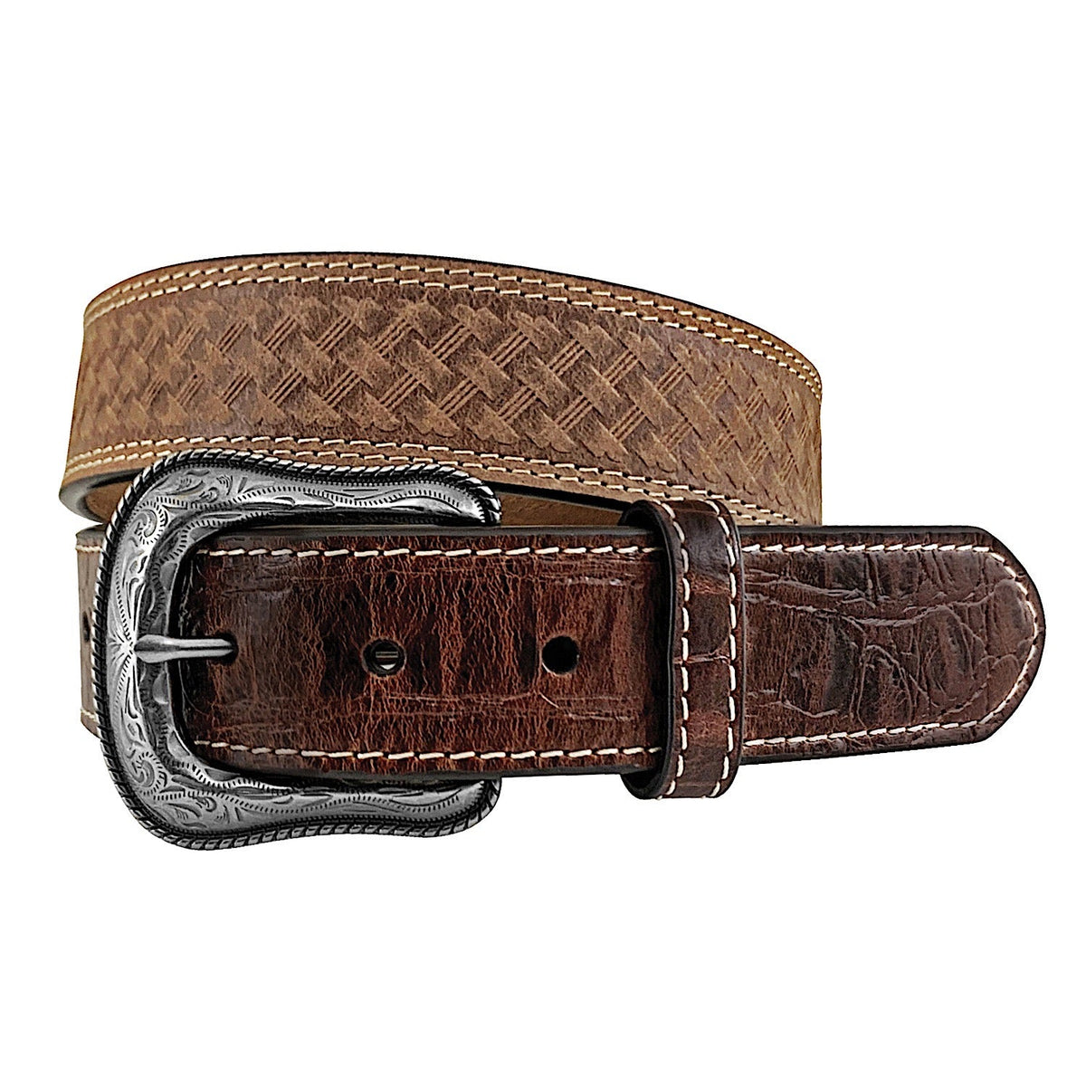 Roper Mens 1 1/2’’ Leather Basket Weave Embossed Belt - Brown