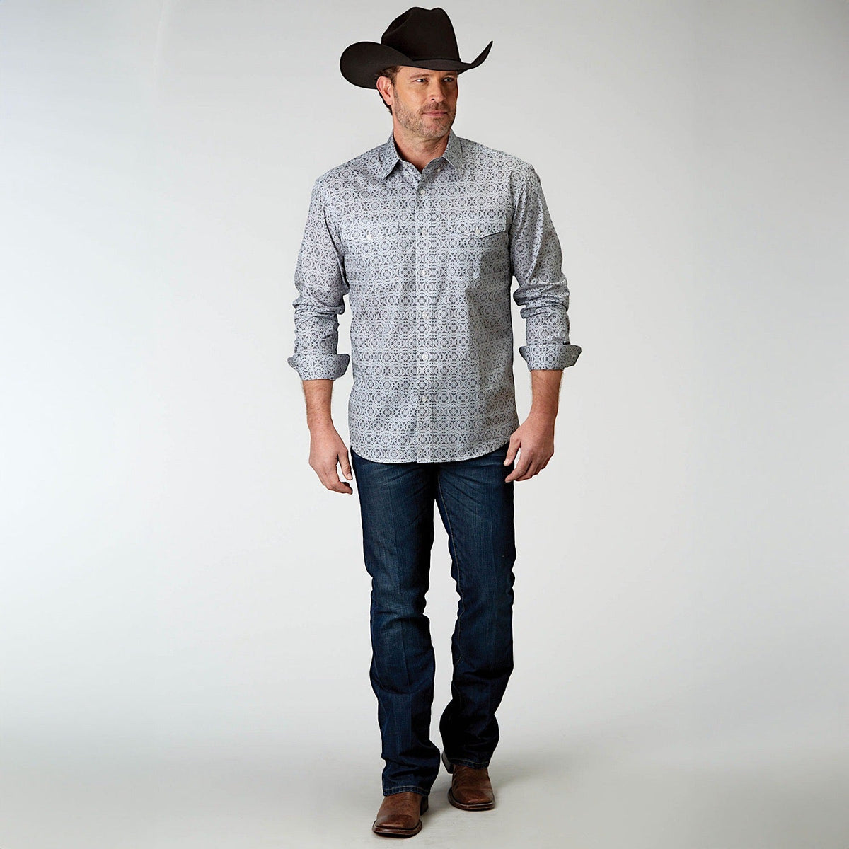 Roper Mens Amarillo Collection L/S Shirt Print Grey