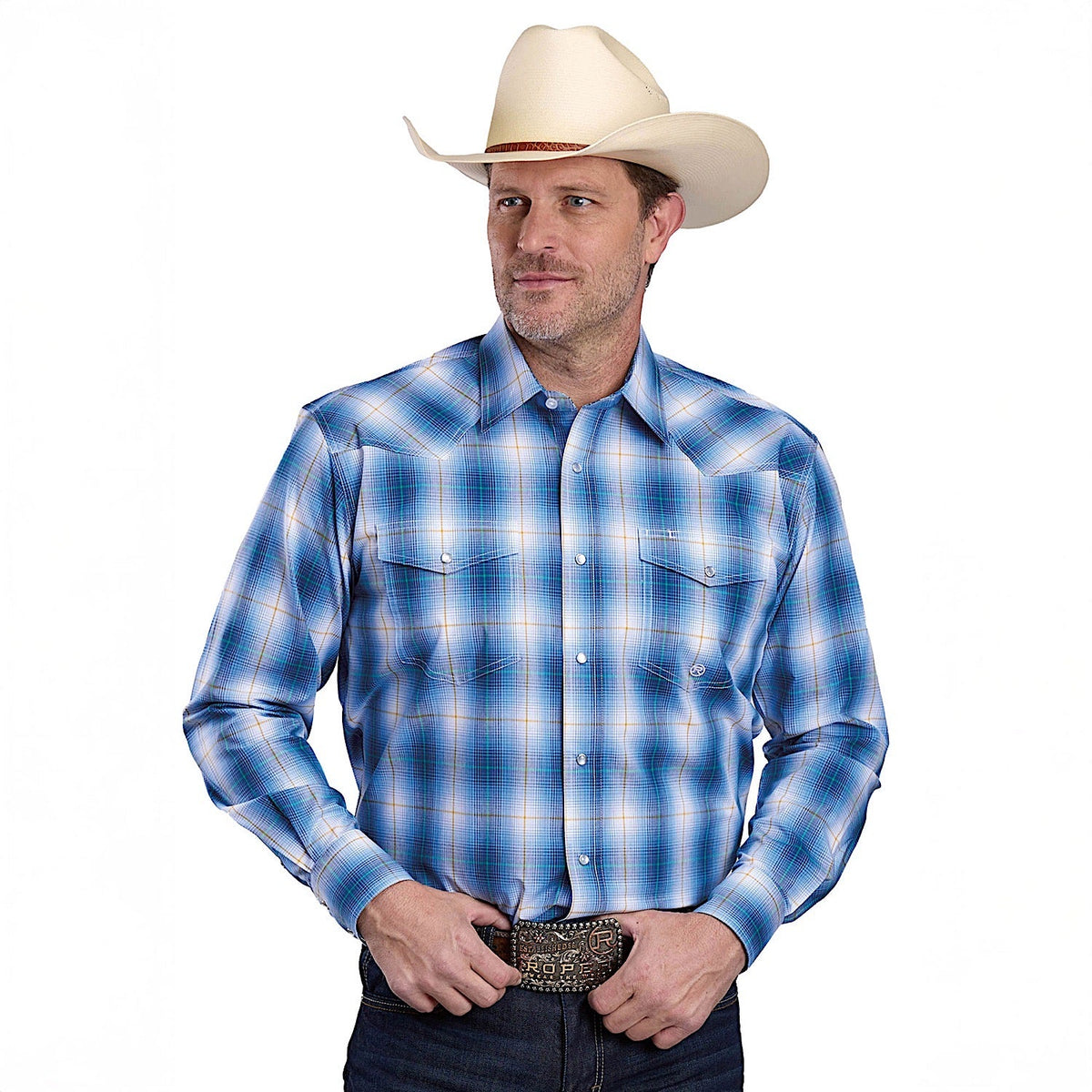 Roper Men’s Amarillo Collection Shirt - Plaid Blue Ombre