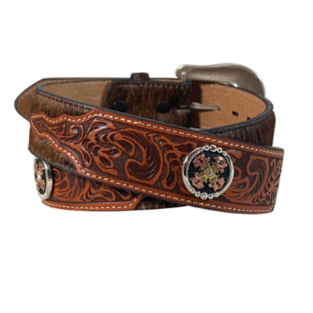 Roper Mens Belt 1.5’’ Floral Hand Tooled Genuine Leather Hair on Brown