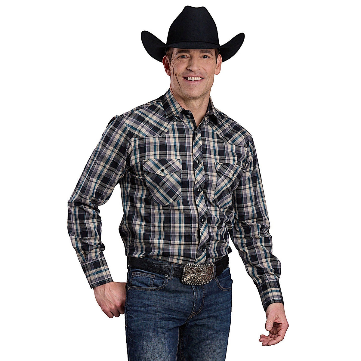 Roper Men’s Karman Classic 55/45 Collection Shirt - Plaid Black / Tan / Green