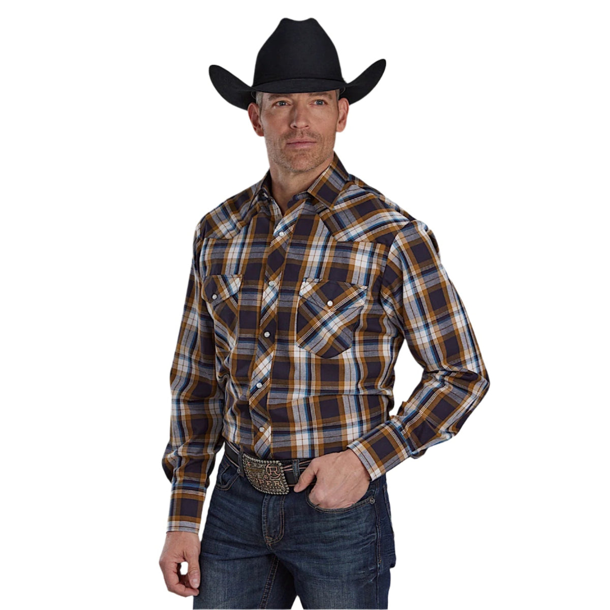 Roper Men’s Karman Classics 55/45 Shirt - Caramel/Navy/Teal Plaid