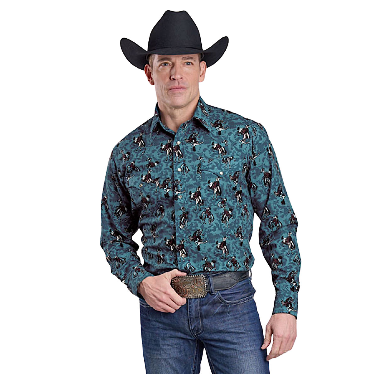 Roper Mens Vintage Collection Shirt - Bronco Print on Blue