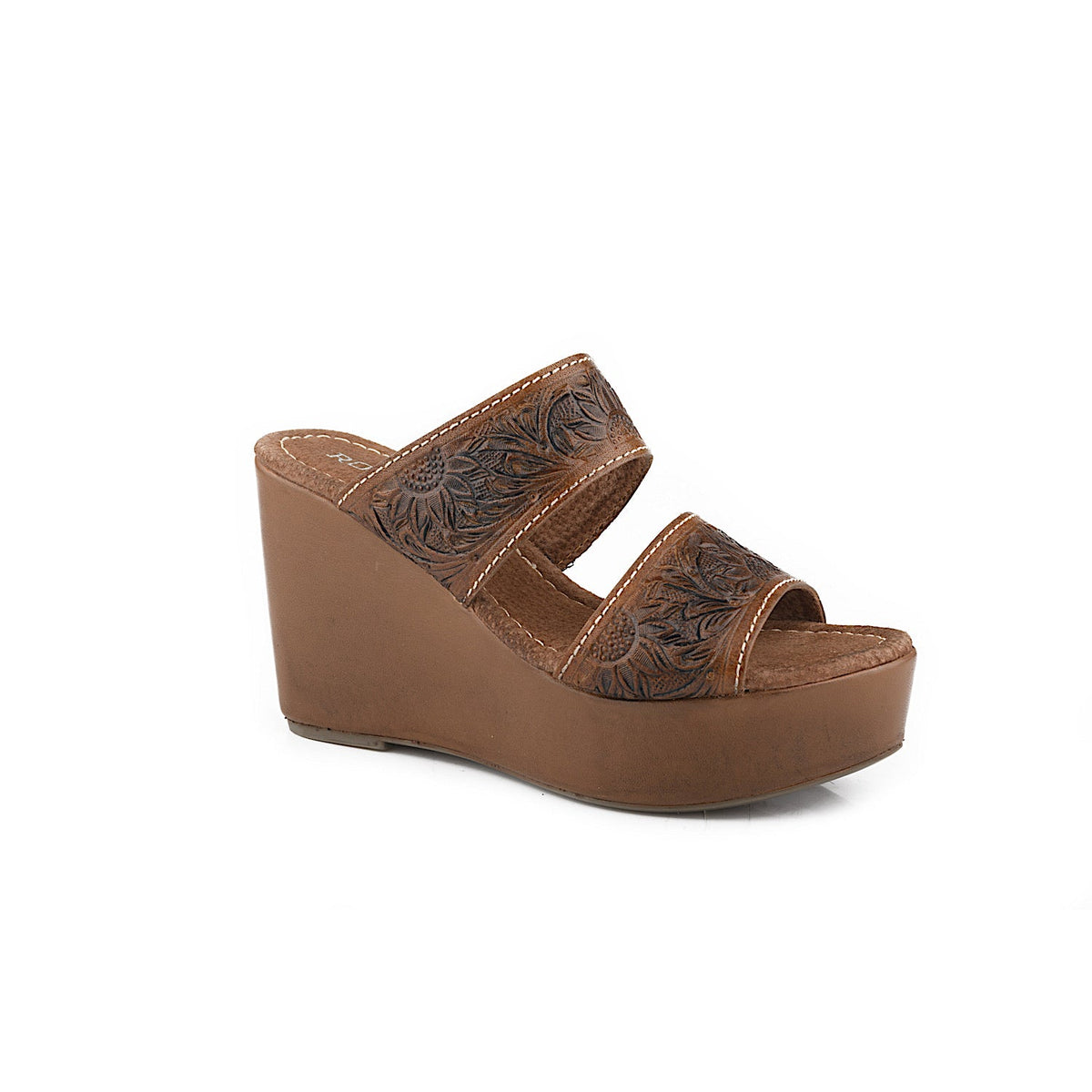 Roper Women’s Diva II Wedge Sandal - Cognac Tooled Leather