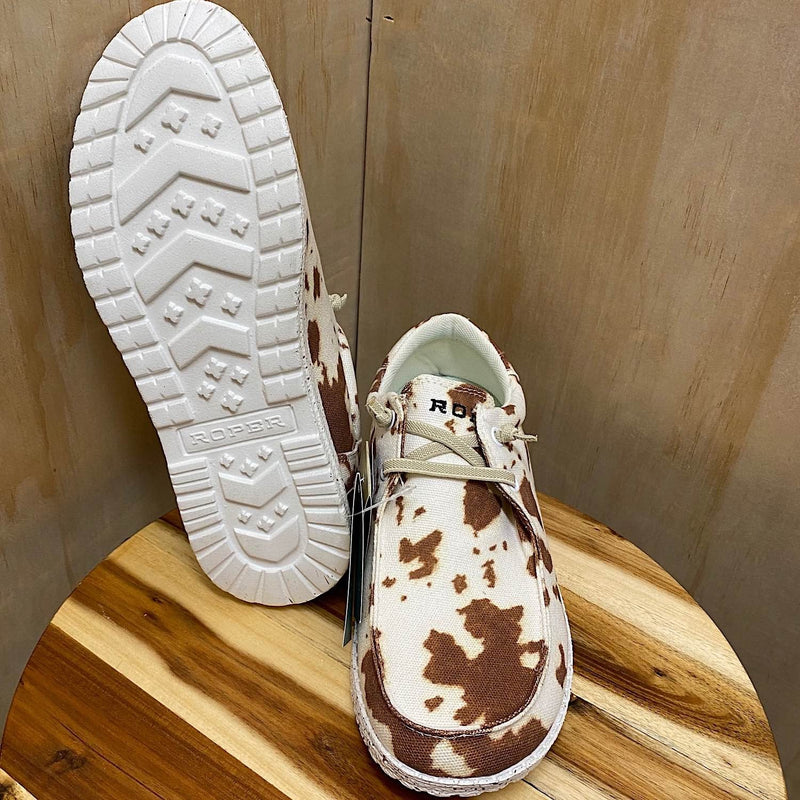 Roper Women’s Hang Loose Canvas Shoe - Tan/Cow Print