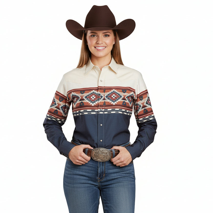 Roper Women’s Vintage Collection Shirt - Aztec Print Blue / White / Orange