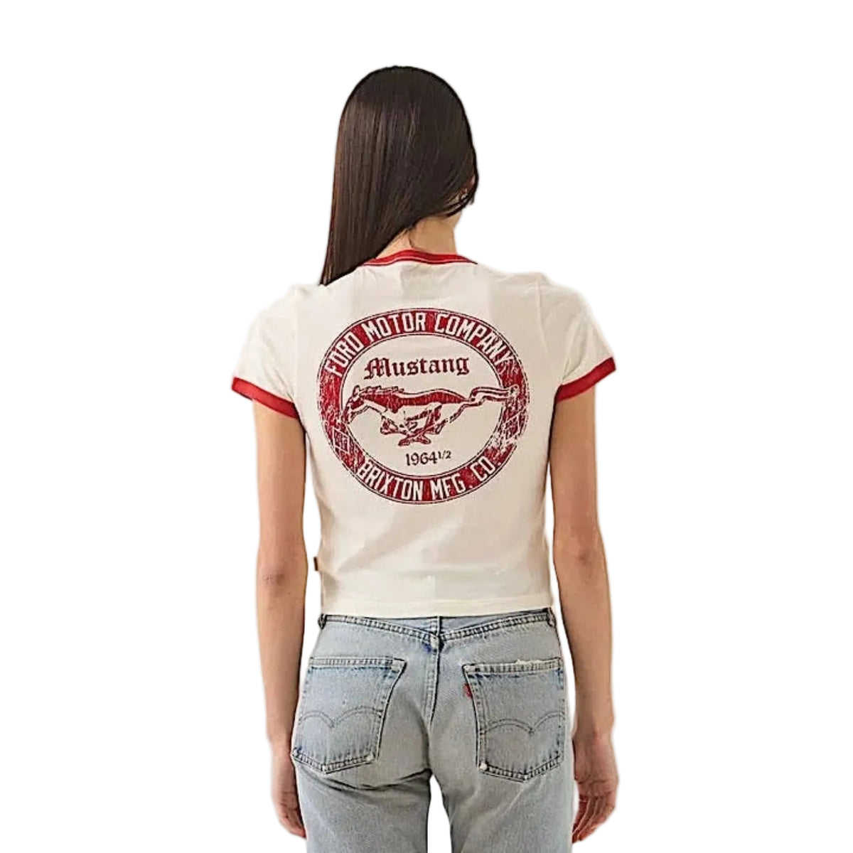 Brixton Women's Ford Mustang Baby Ringer T-Shirt - Wimbledon White
