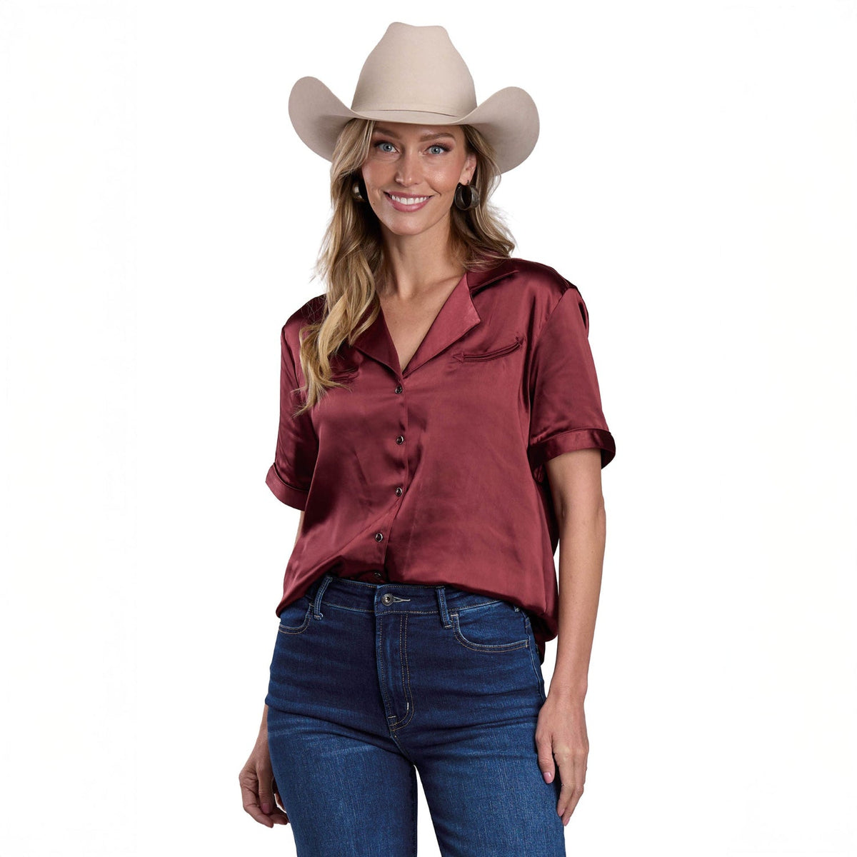 Stetson Women’s Novelty Satin Short Sleeve Blouse - Brown