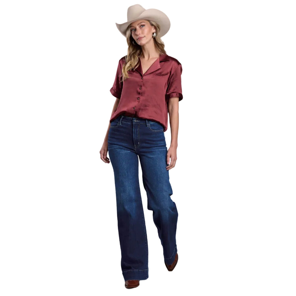 Stetson Women’s Novelty Satin Short Sleeve Blouse - Brown