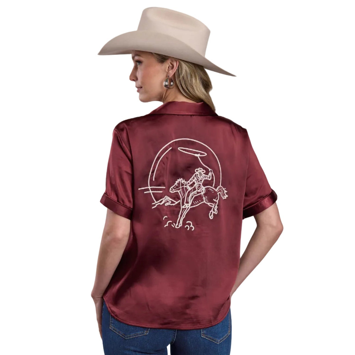 Stetson Women’s Novelty Satin Short Sleeve Blouse - Brown