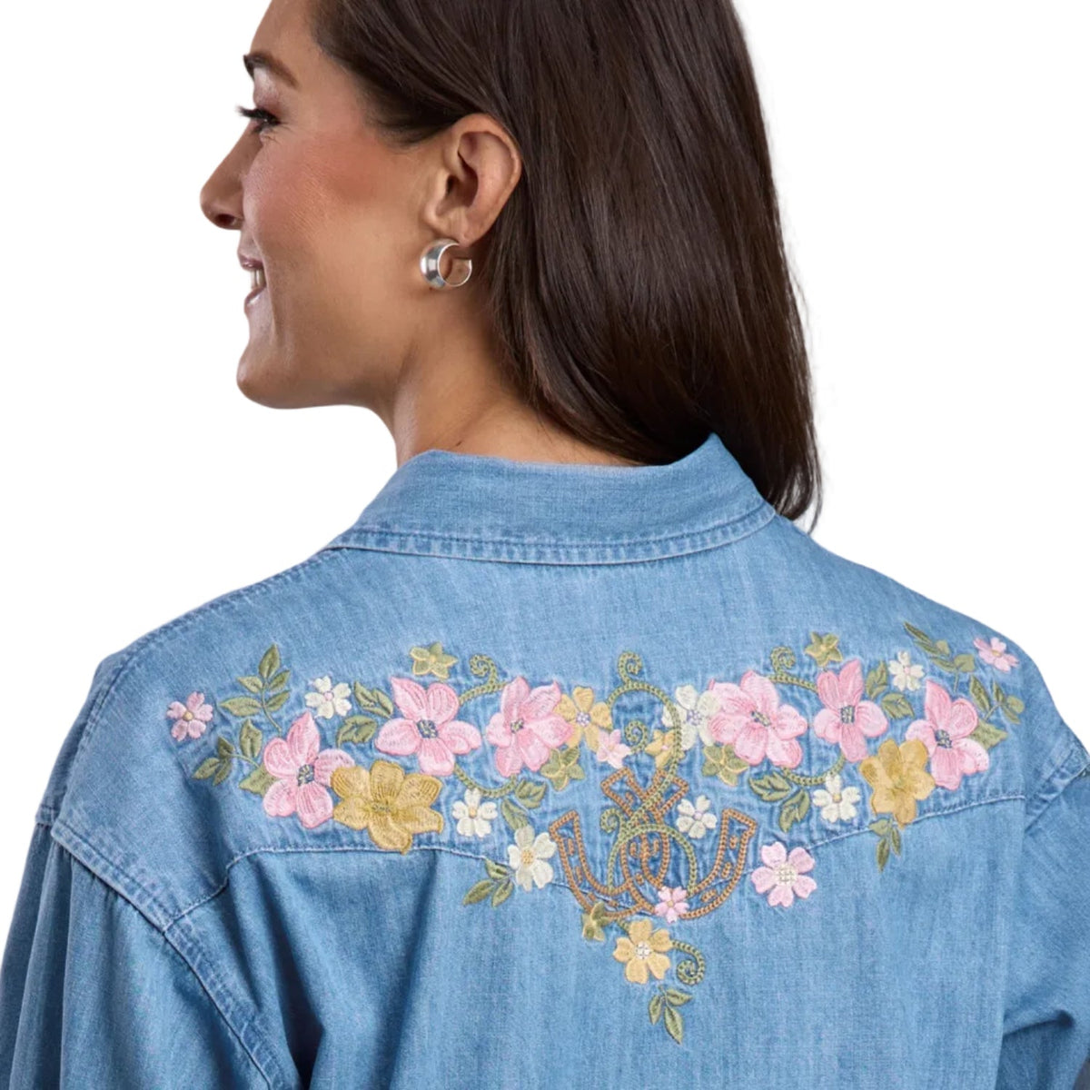 Stetson Women’s Oversized Blouse - Denim with Floral Embroidery