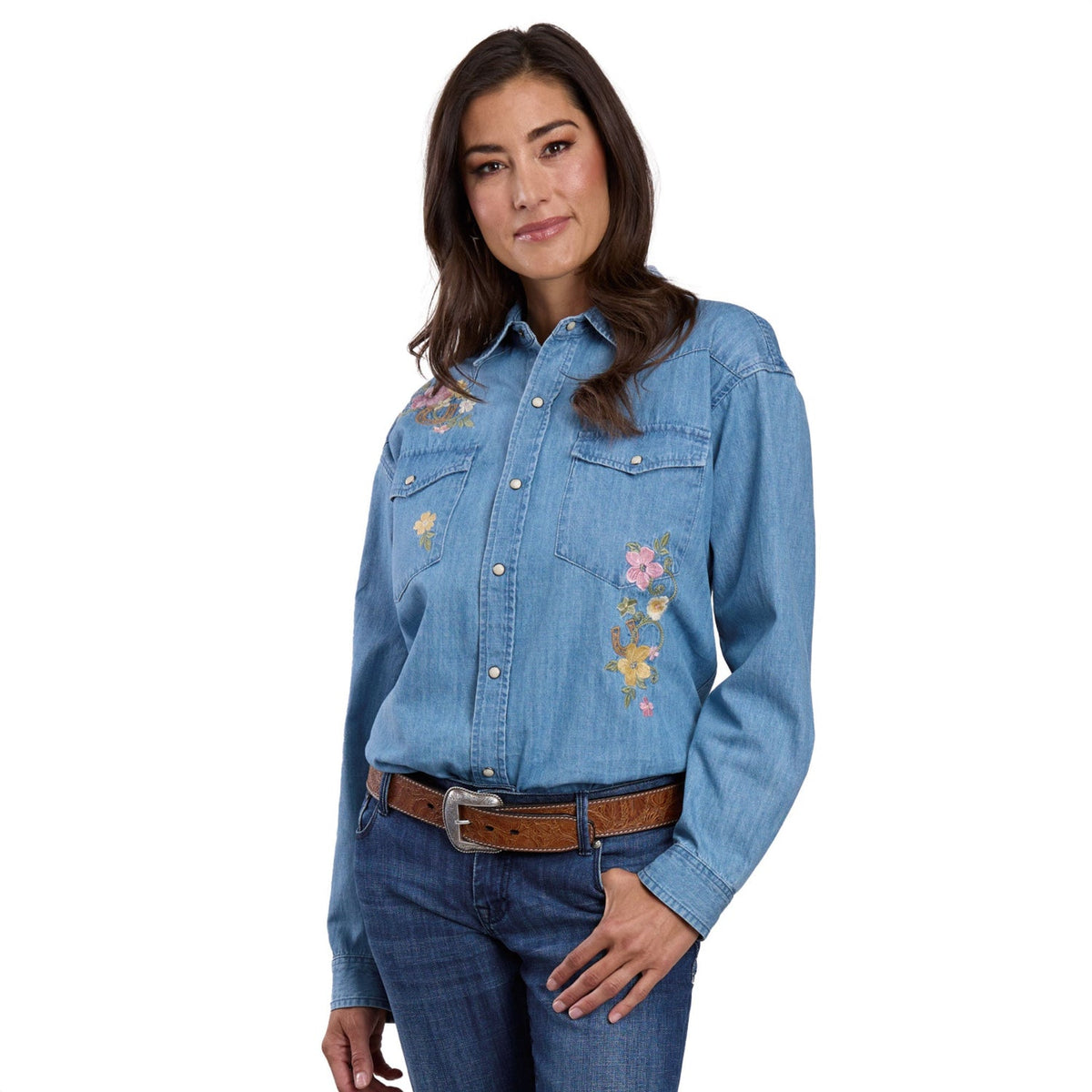 Stetson Women’s Oversized Blouse - Denim with Floral Embroidery