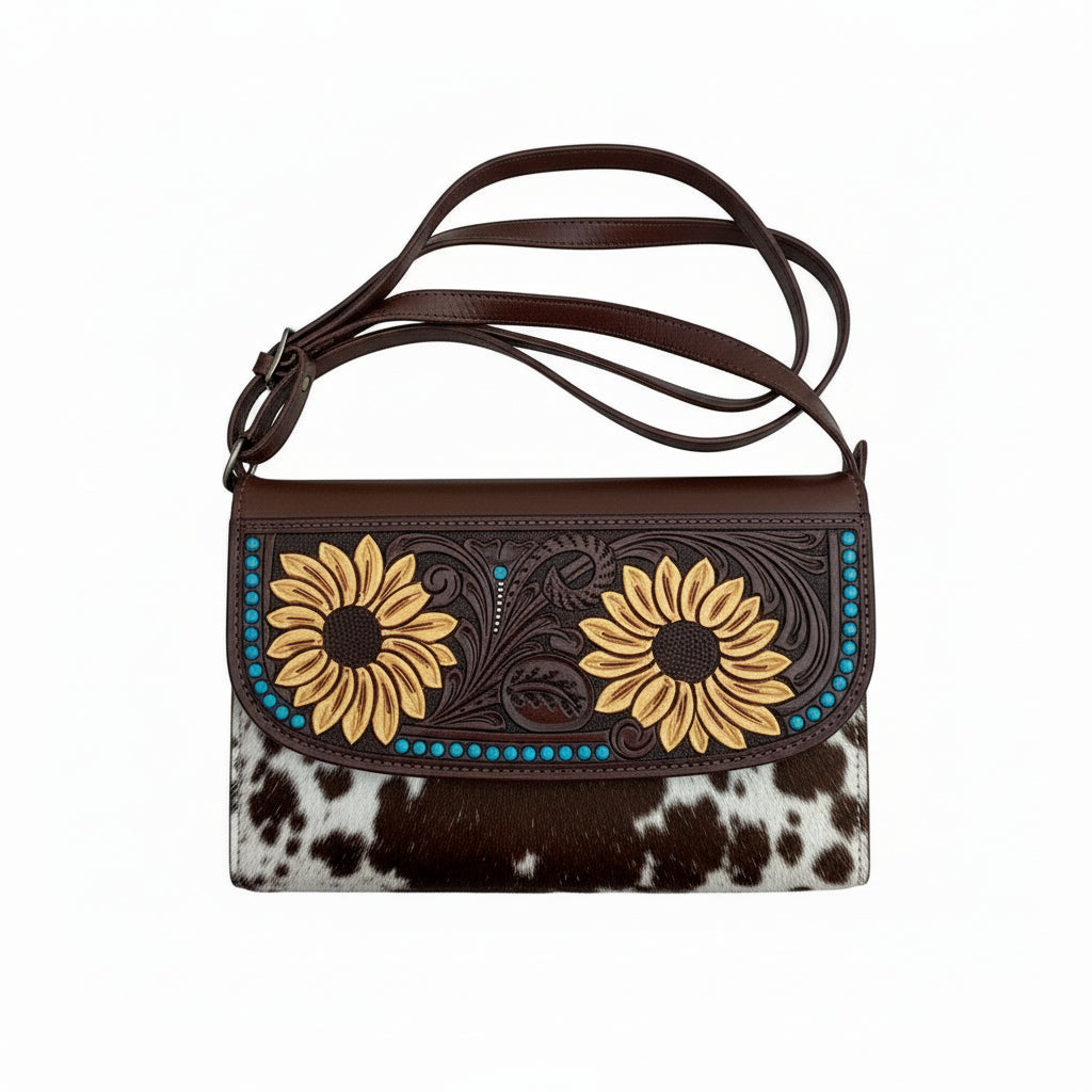The Design Edge Women’s Cowhide Sunflower Tooling Leather Wallet Bag – Brown
