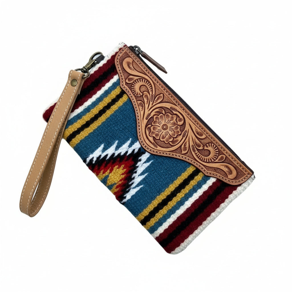 The Design Edge Women’s Saddle Blanket Clutch - Multi / Tan Tooled Leather