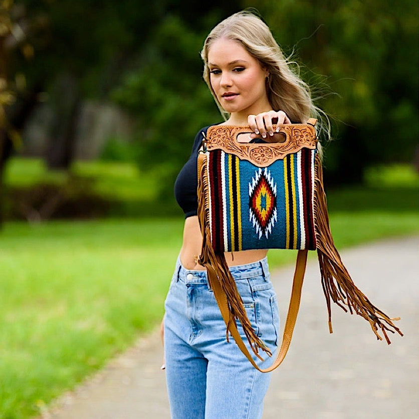 The Design Edge Women’s Saddle Blanket Sling Bag - Tan Tooled Leather