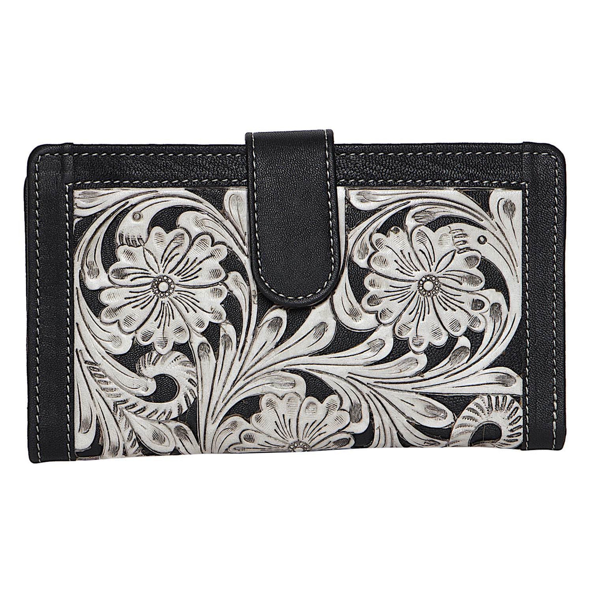 The Design Edge Womens Tooling Leather Carved Clutch Wallet – Black