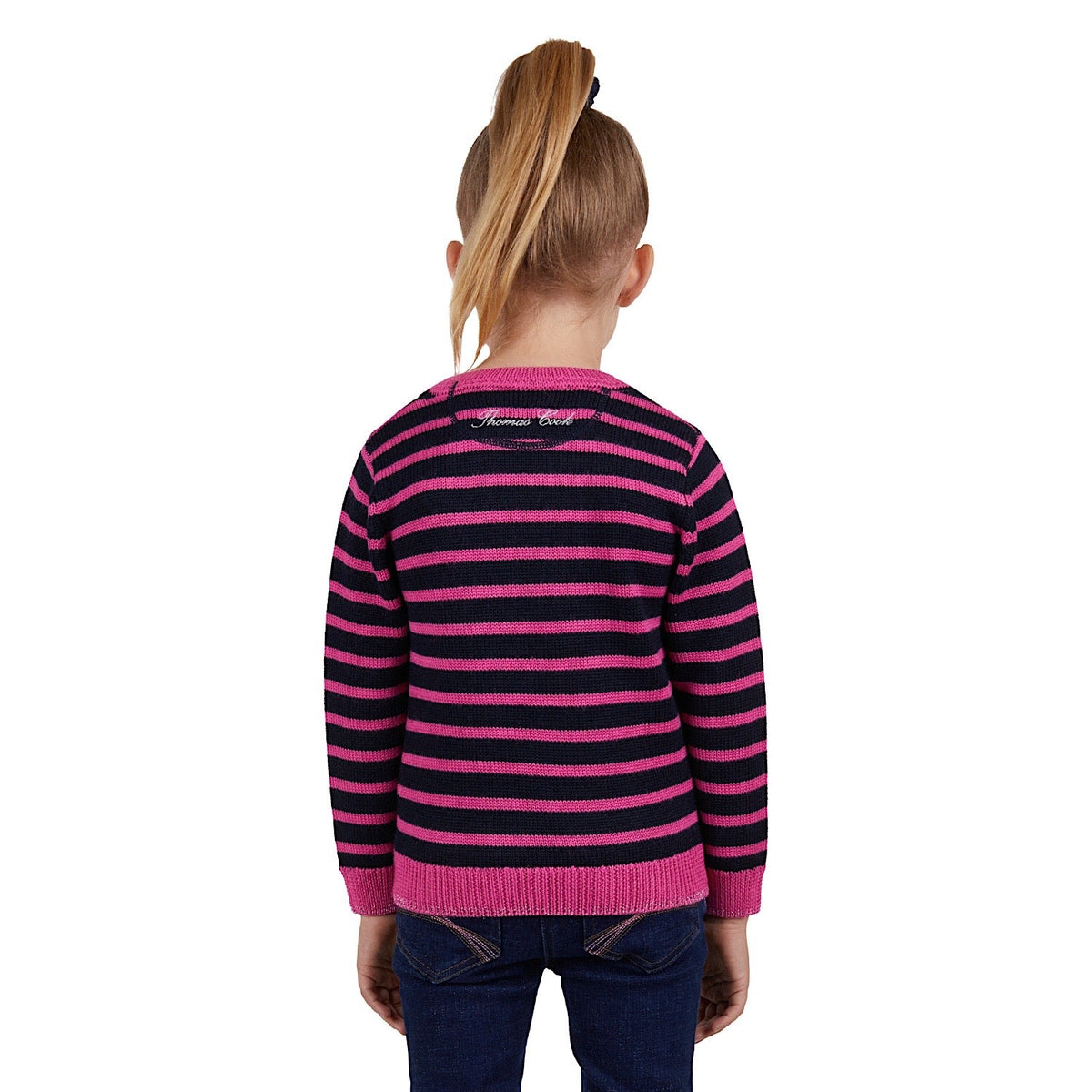 Thomas Cook Girls Sally Merino Stripe Knit Jumper Navy/Raspberry