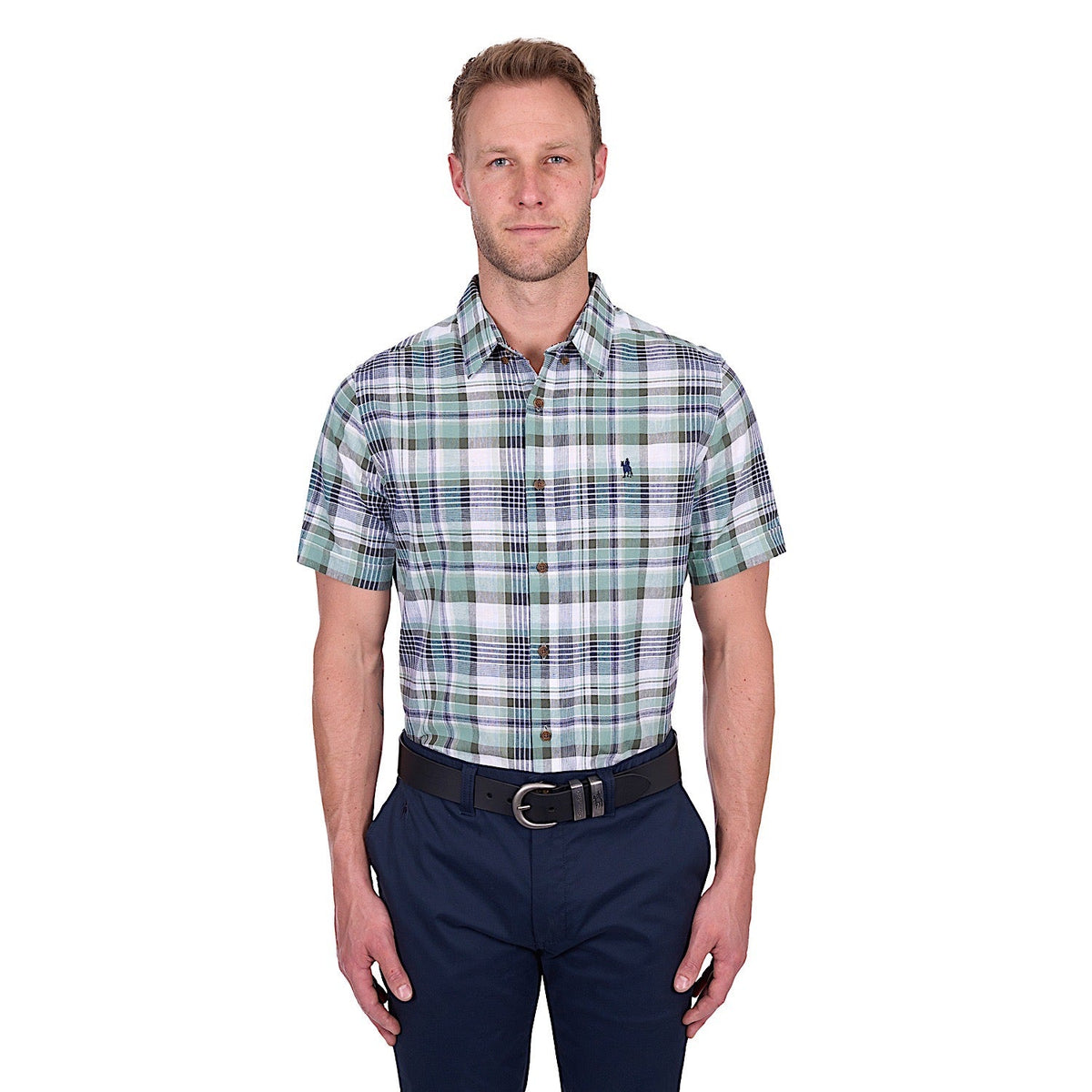 Thomas Cook Men’s Gerry Linen Short Sleeve Shirt - Green/Navy