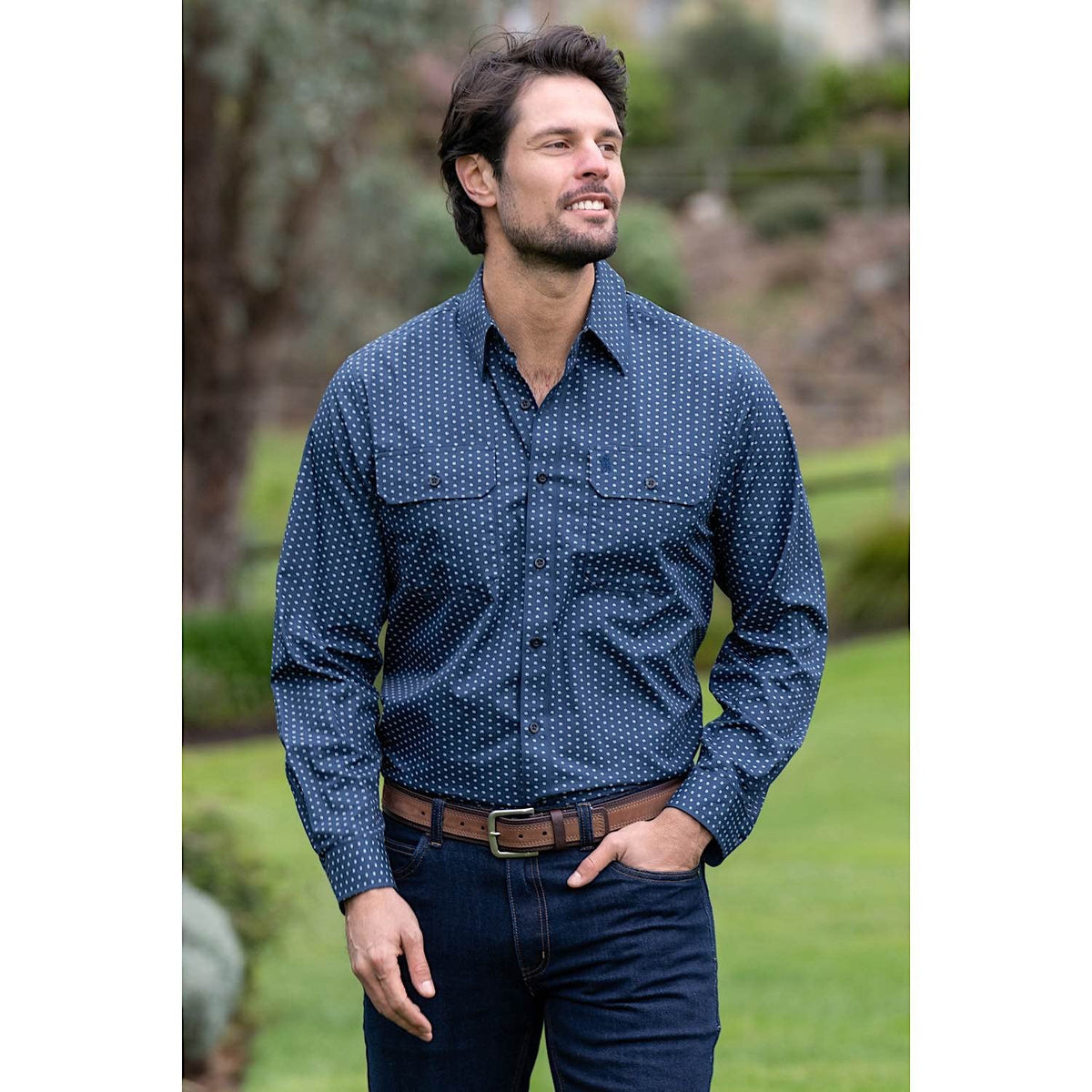 Thomas Cook Mens Glendale Print 2-Pocket L/S Shirt Navy/Tan