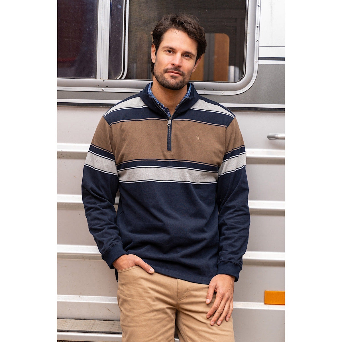 Thomas Cook Mens Jason Stripe 1/4 Zip Rugby Navy/Dark Tan