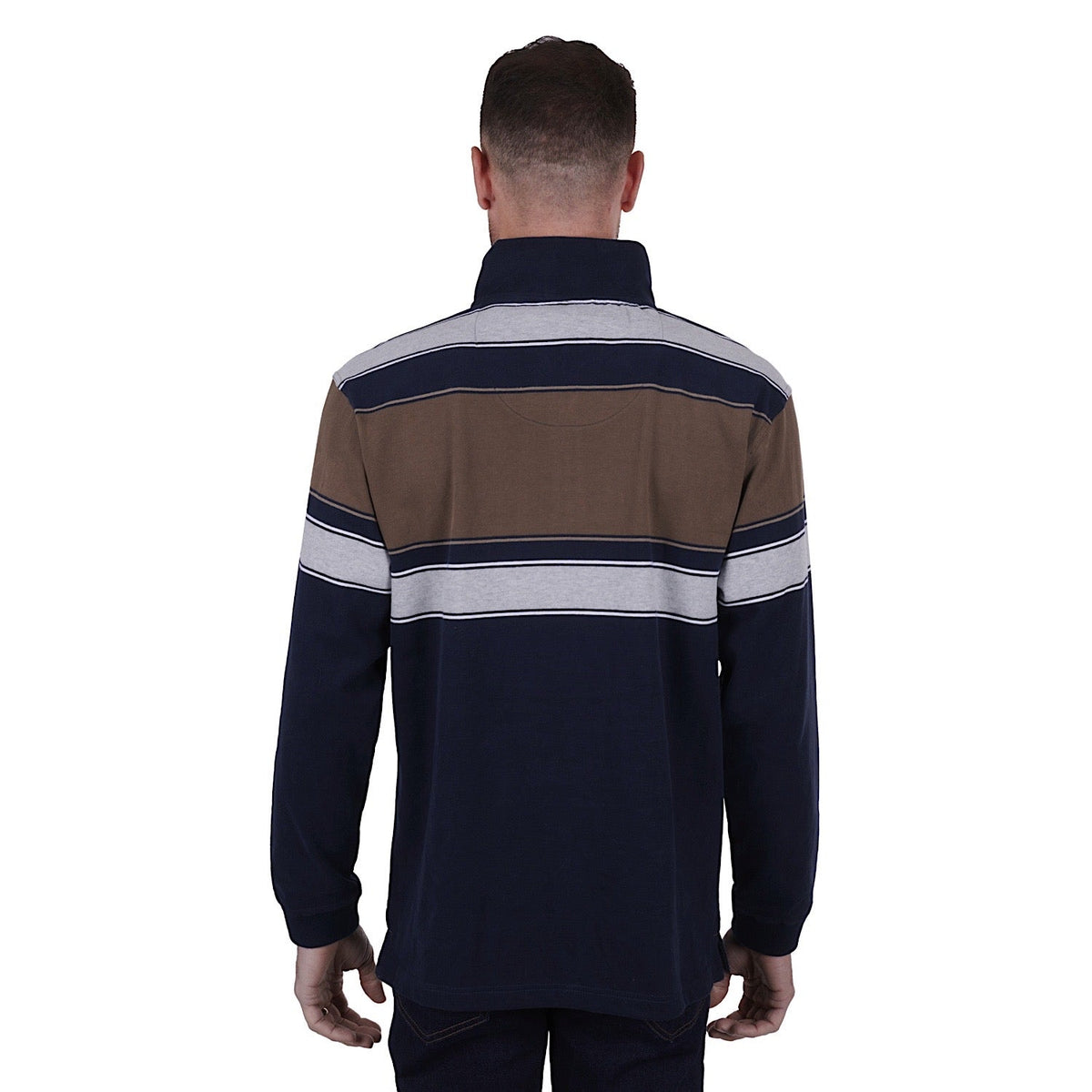 Thomas Cook Mens Jason Stripe 1/4 Zip Rugby Navy/Dark Tan