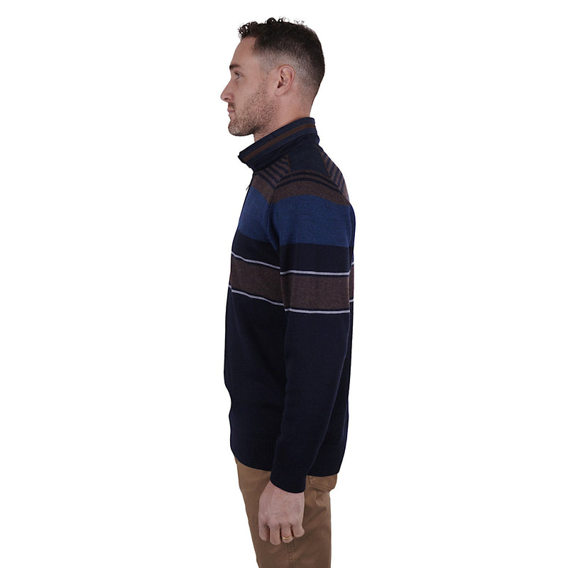 Thomas Cook Mens Michael Stripe Merino Blend 1/4 Zip Neck Jumper Navy/Tan