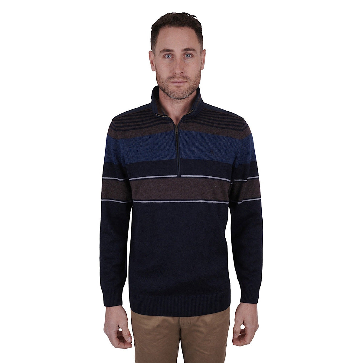 Thomas Cook Mens Michael Stripe Merino Blend 1/4 Zip Neck Jumper Navy/Tan