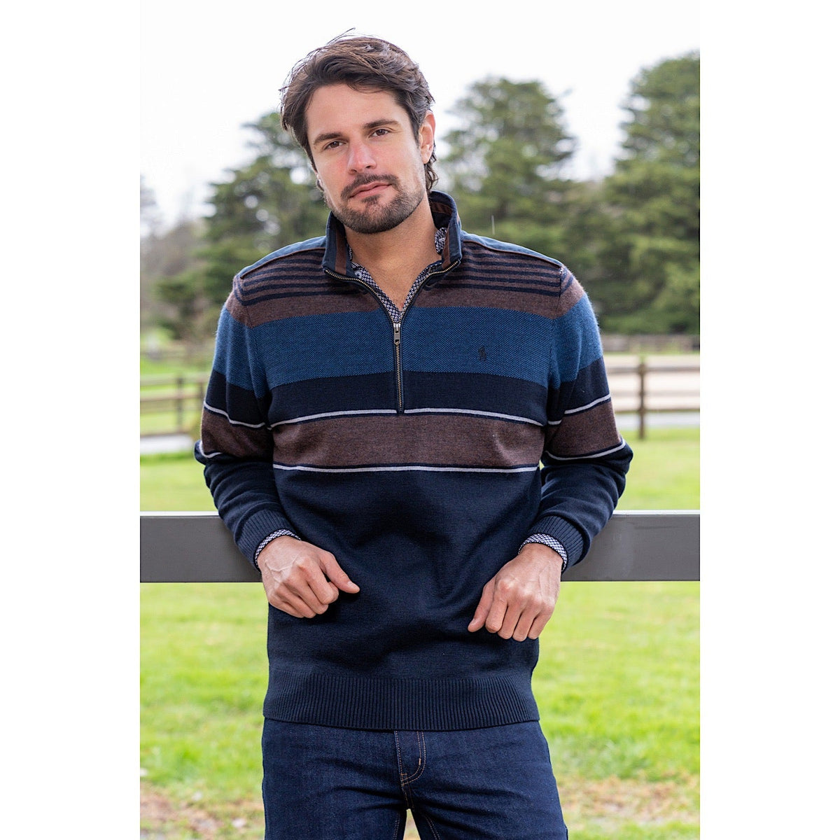 Thomas Cook Mens Michael Stripe Merino Blend 1/4 Zip Neck Jumper Navy/Tan