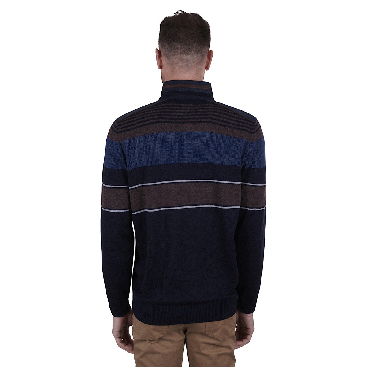 Thomas Cook Mens Michael Stripe Merino Blend 1/4 Zip Neck Jumper Navy/Tan