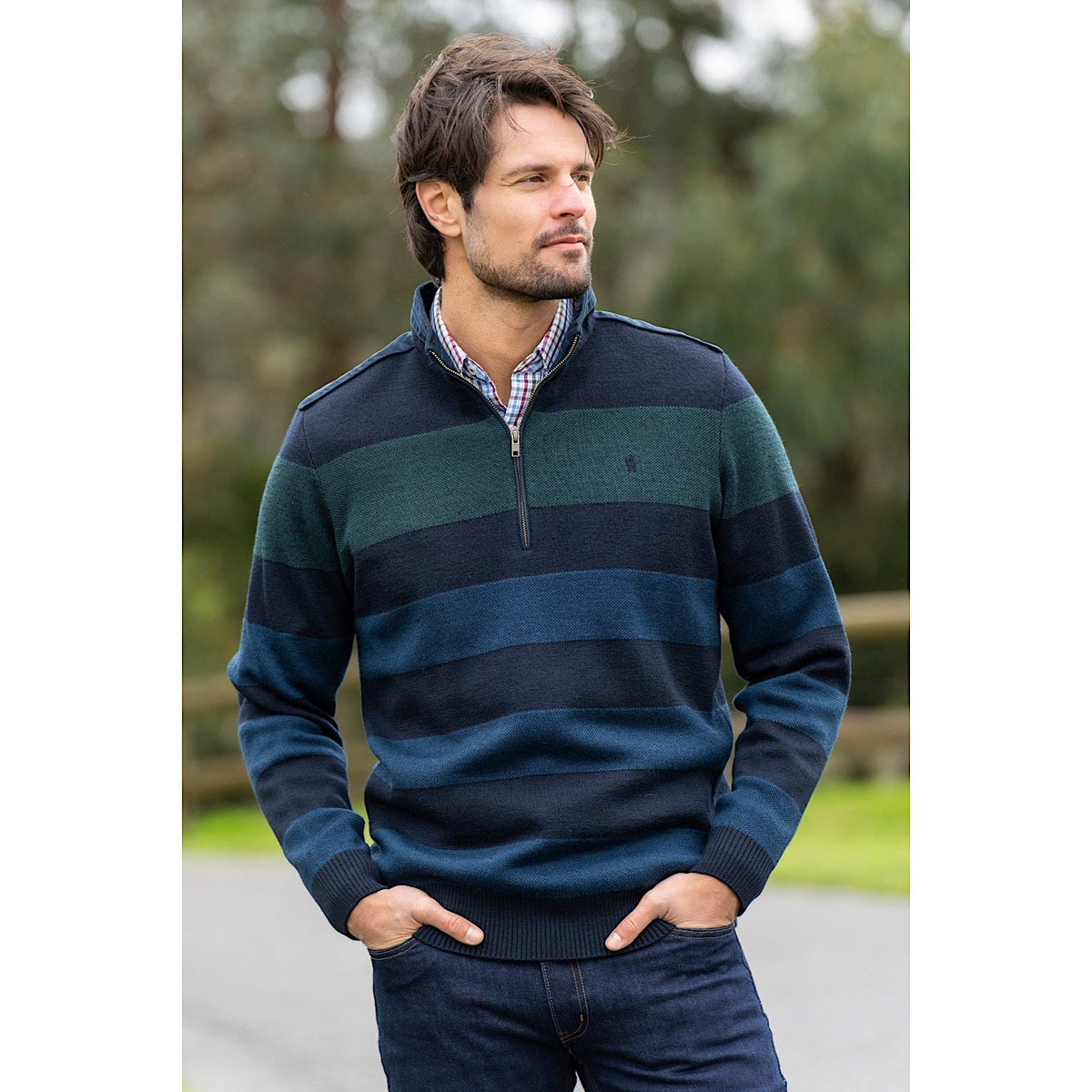Thomas Cook Mens Settler Stripe Merino Blend 1/4 Zip Neck Jumper Navy/Green