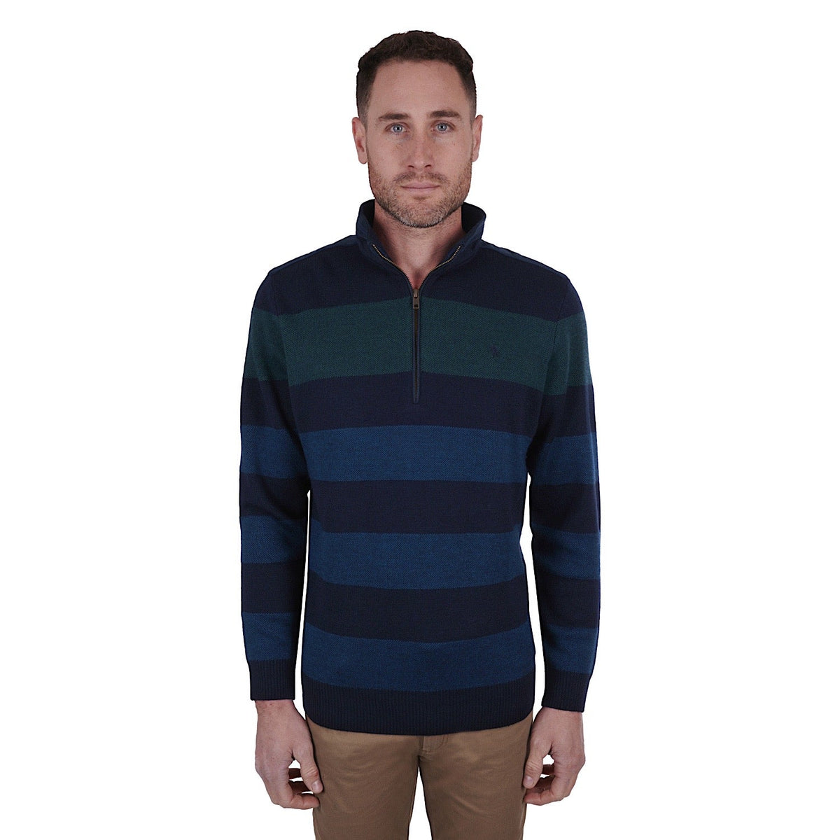 Thomas Cook Mens Settler Stripe Merino Blend 1/4 Zip Neck Jumper Navy/Green