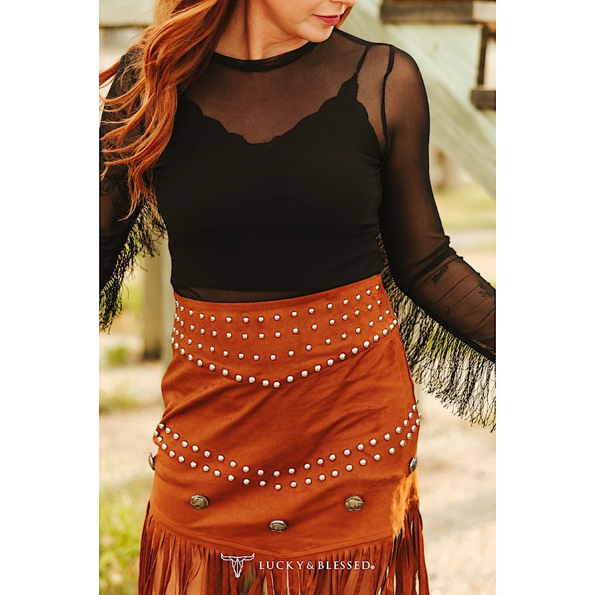 Lucky & Blessed Women's Mesh Fringe Western Bodysuit - Black