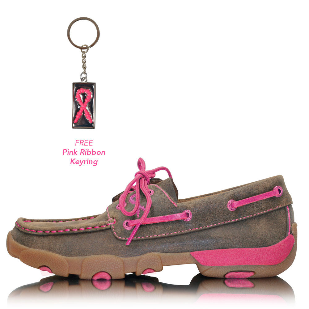 Twisted X Women’s Breast Cancer Awareness Pink Ribbon Mocs Lace Up Bomber Neon Pink