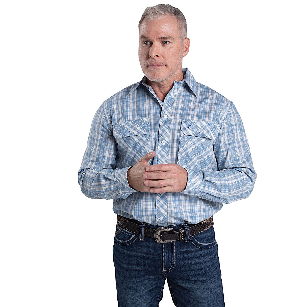 Just Country Men’s Full Button Plaid Workshirt - Cornflower/White Plaid