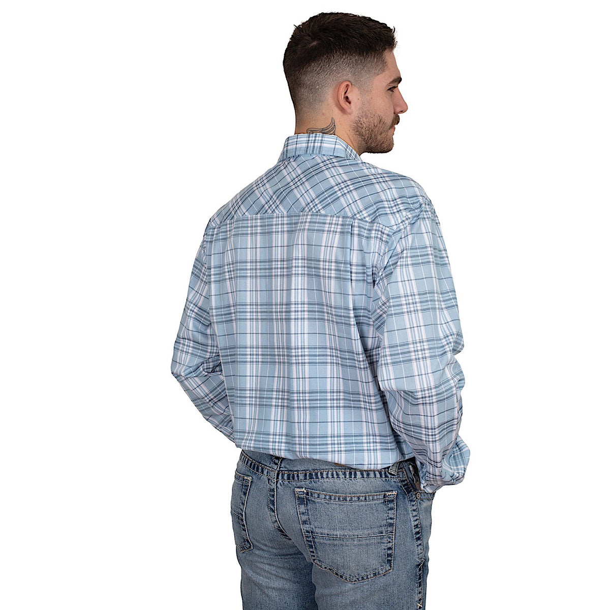 Just Country Men’s Austin Full Button Print Workshirt - Light Blue Plaid