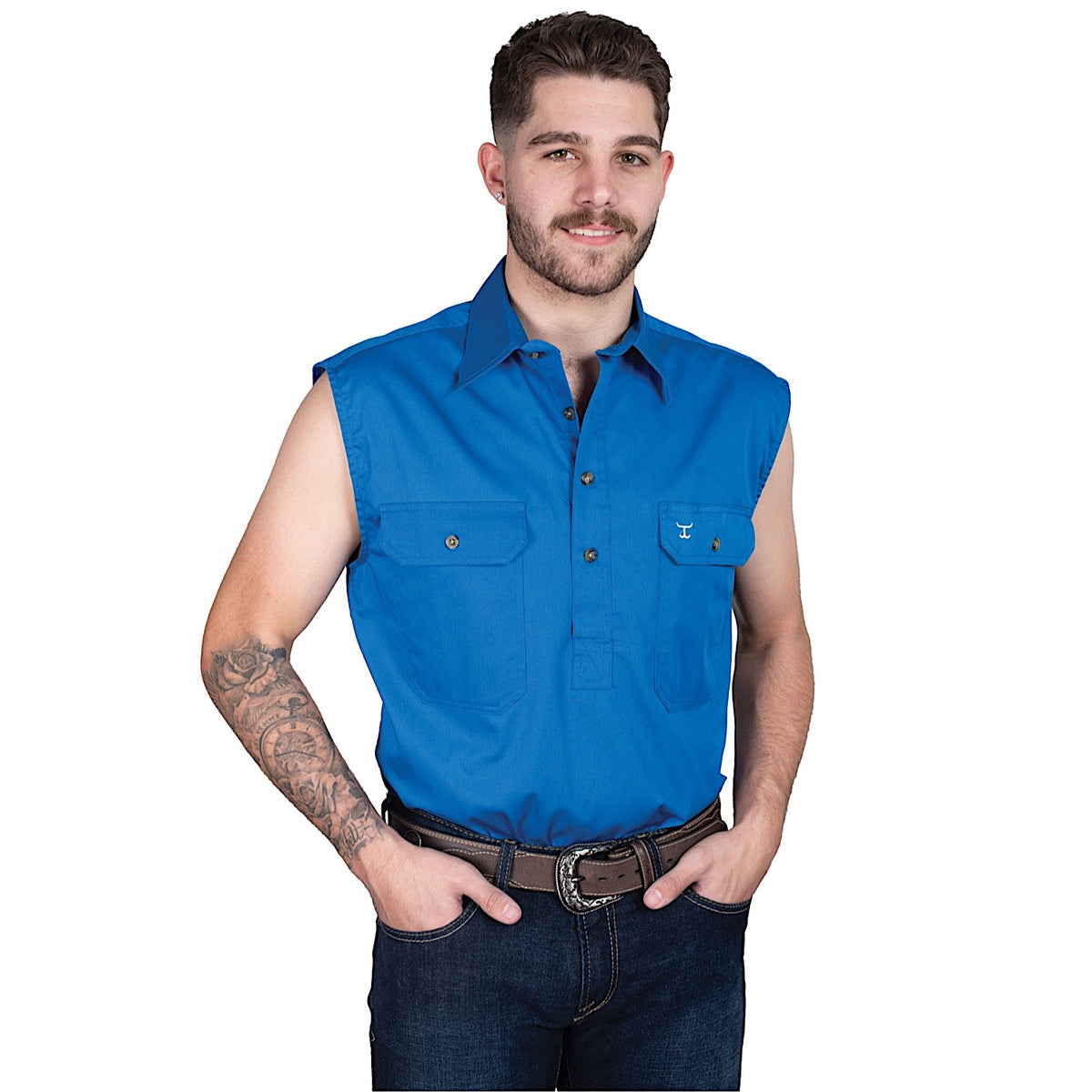 Just Country Mens Jack 1/2 Button Sleeveless Work Shirt - Nautical Blue